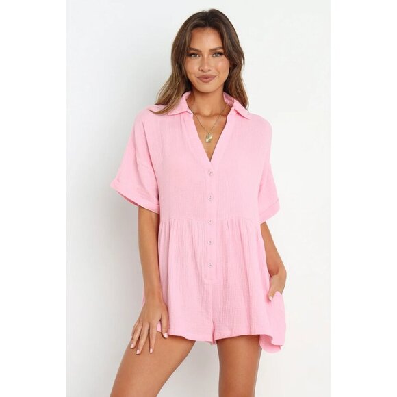 PETAL & PUP Winny Crinkle Cotton Romper in Pink Size US 4 - Picture 1 of 14